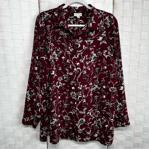 J. Jill Womens Tunic Top Blouse Size Large Burgundy Gray Floral Button Up Boho - Picture 1 of 7